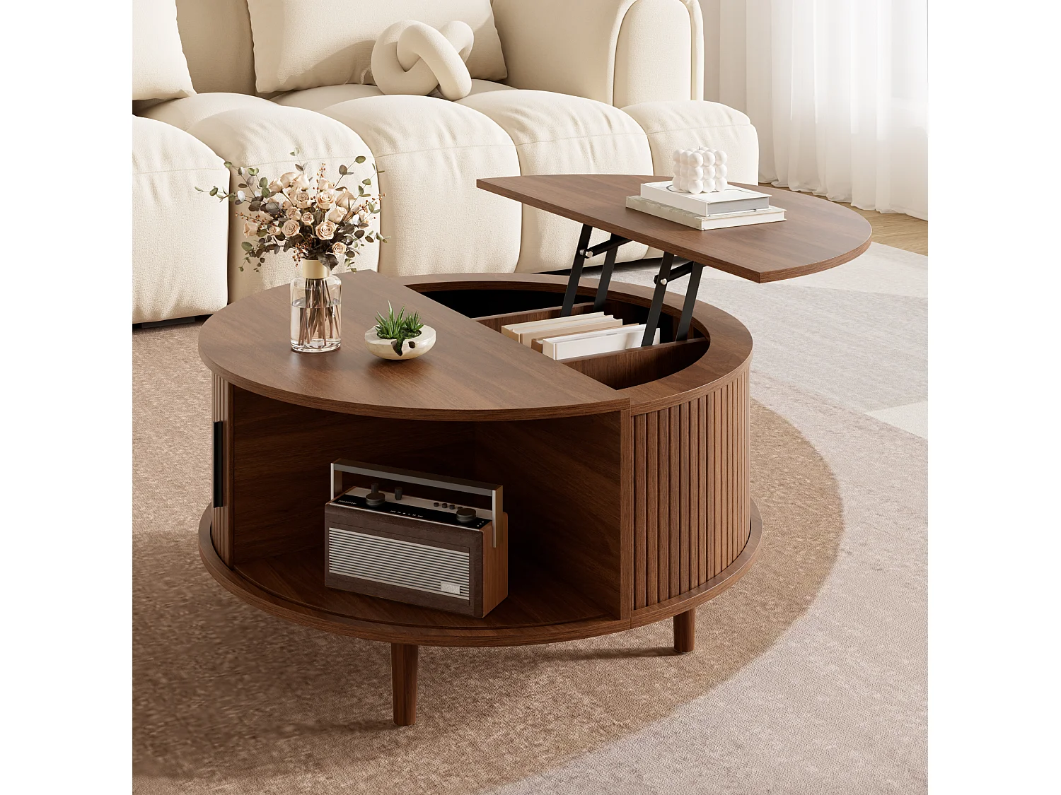 Runder Couchtisch mit Hubmechanismus für das Wohnzimmer – 80 x 80 x 59 cm – mit Schiebetür und Stauraum – MDF – braun