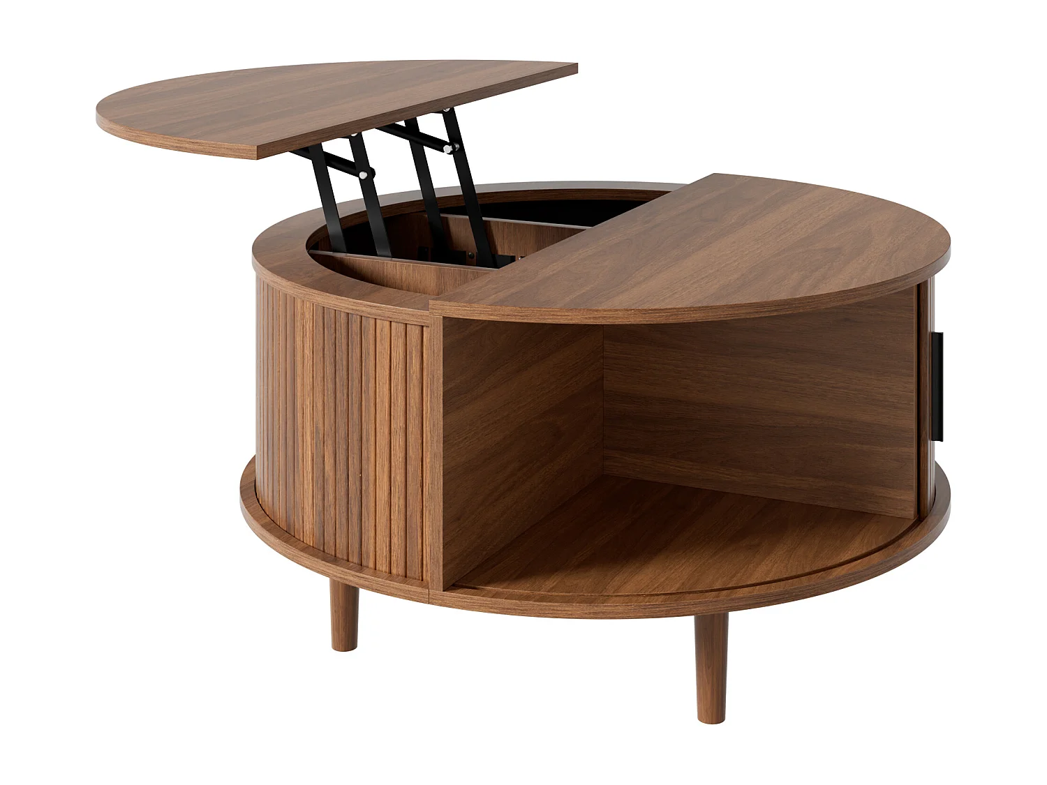 Runder Couchtisch mit Hubmechanismus für das Wohnzimmer – 80 x 80 x 59 cm – mit Schiebetür und Stauraum – MDF – braun