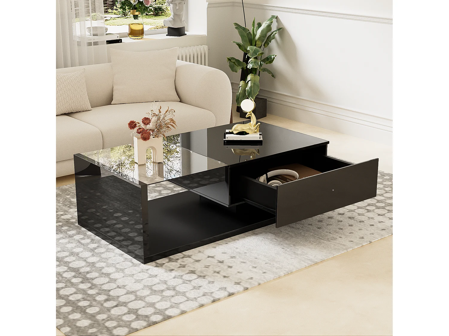 Coffee table with LED lighting - glass and particleboard - Black