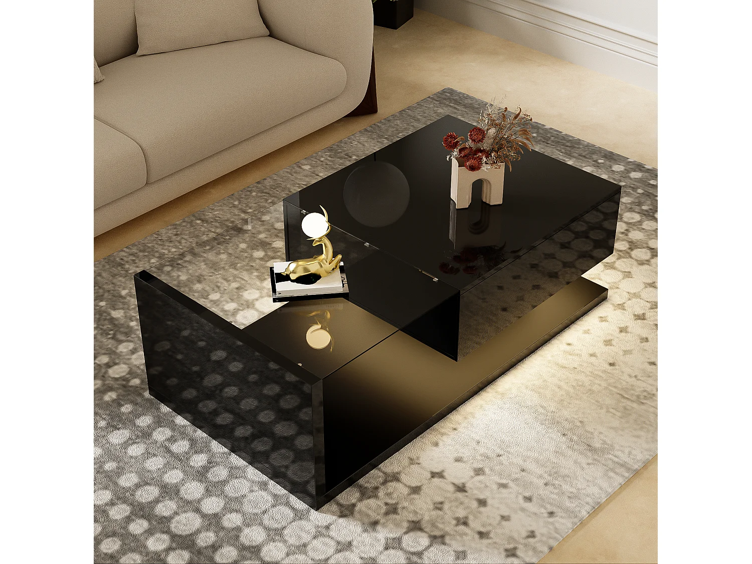 Coffee table with LED lighting - glass and particleboard - Black