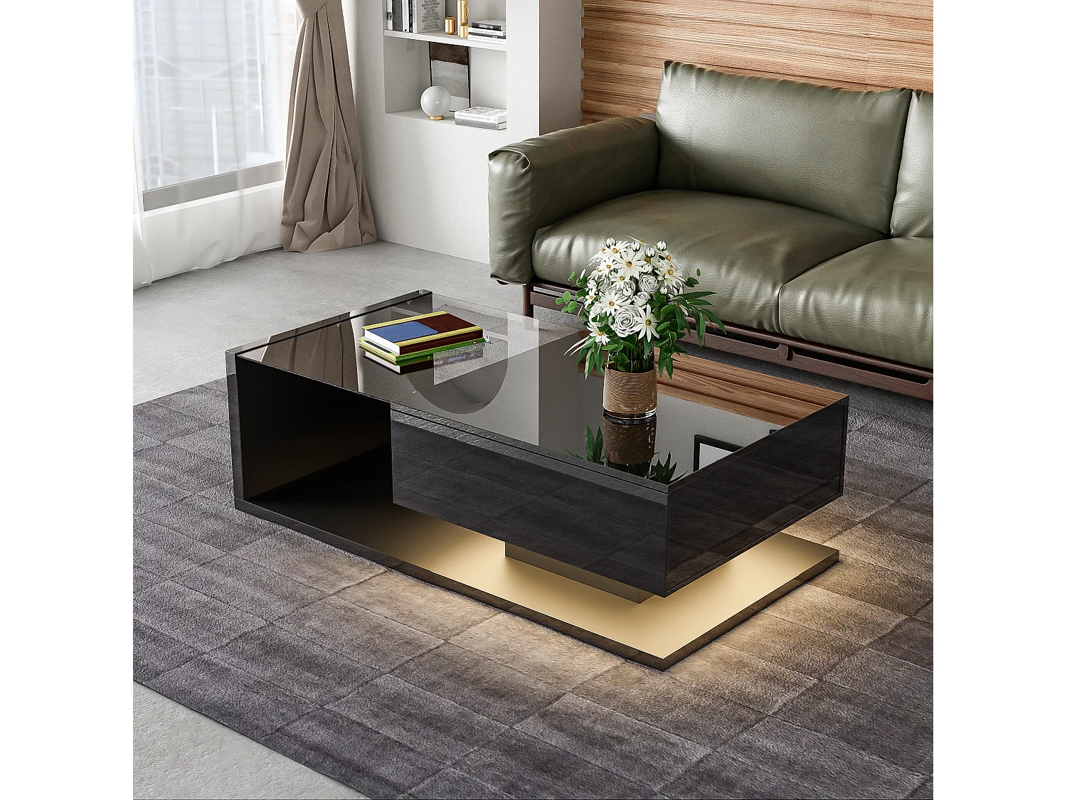 Coffee table with LED lighting - glass and particleboard - Black