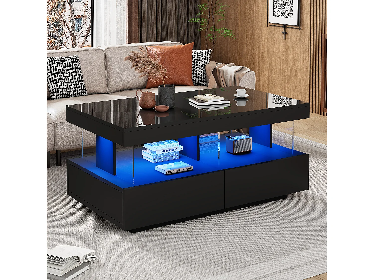 Coffee table with LED lighting - 2 drawers and 2 compartments - modern style - Black