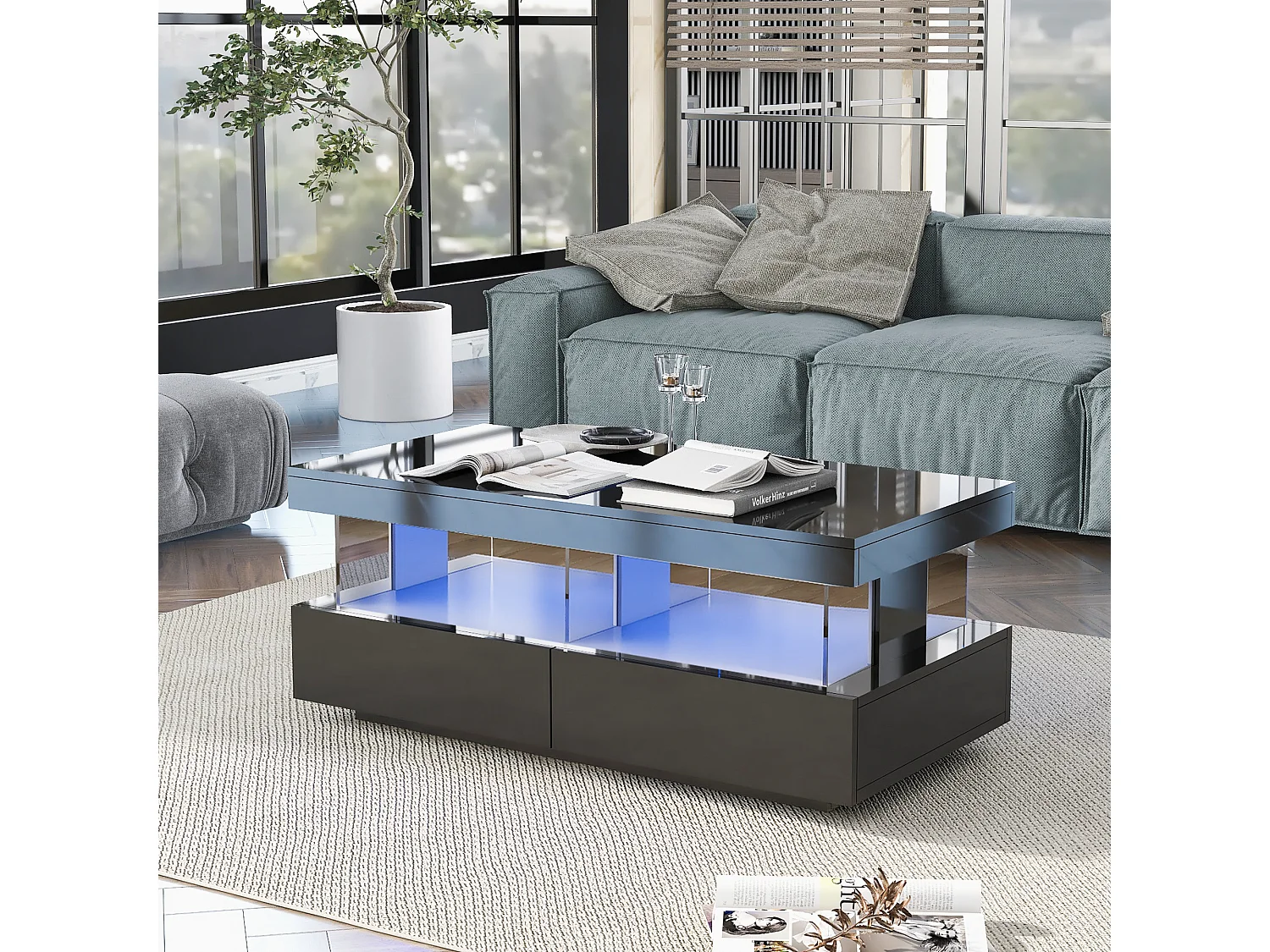 Coffee table with LED lighting - 2 drawers and 2 compartments - modern style - Black