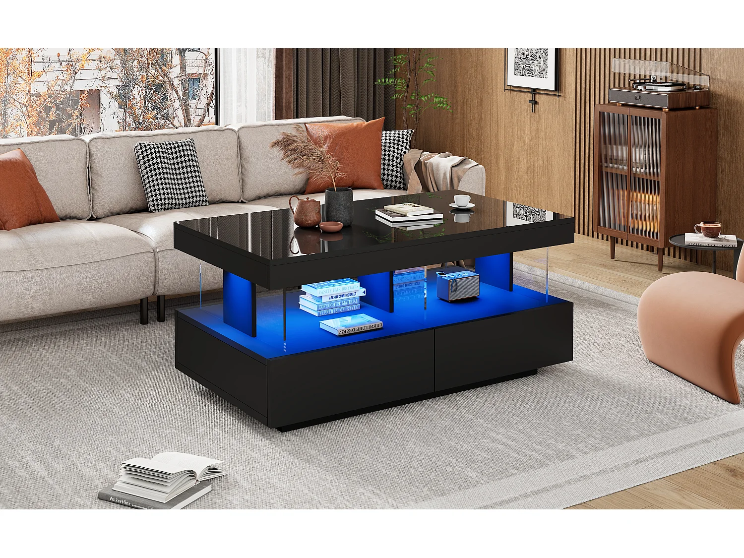 Coffee table with LED lighting - 2 drawers and 2 compartments - modern style - Black