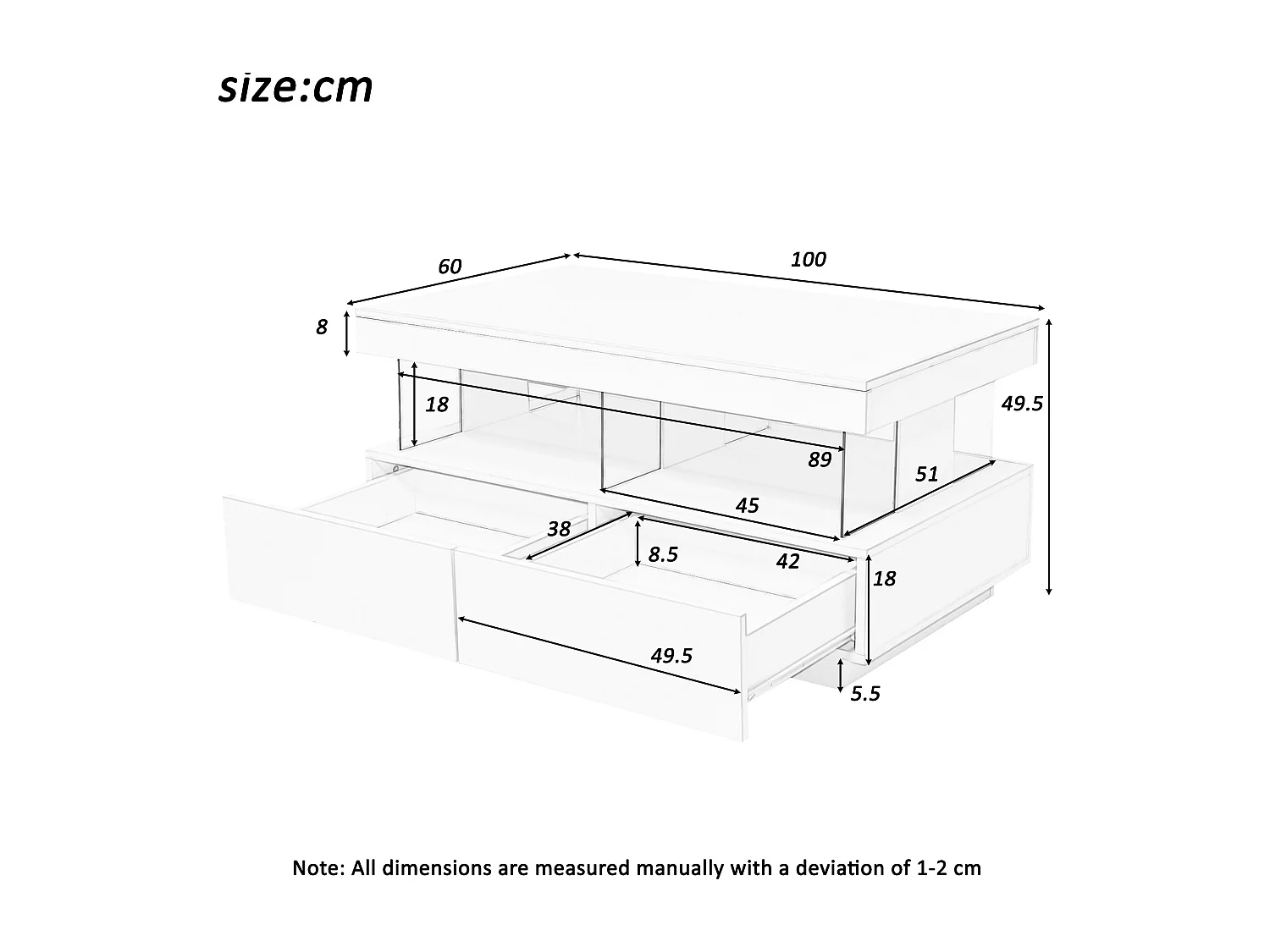 Coffee table with LED lighting - 2 drawers and 2 compartments - modern style - Black
