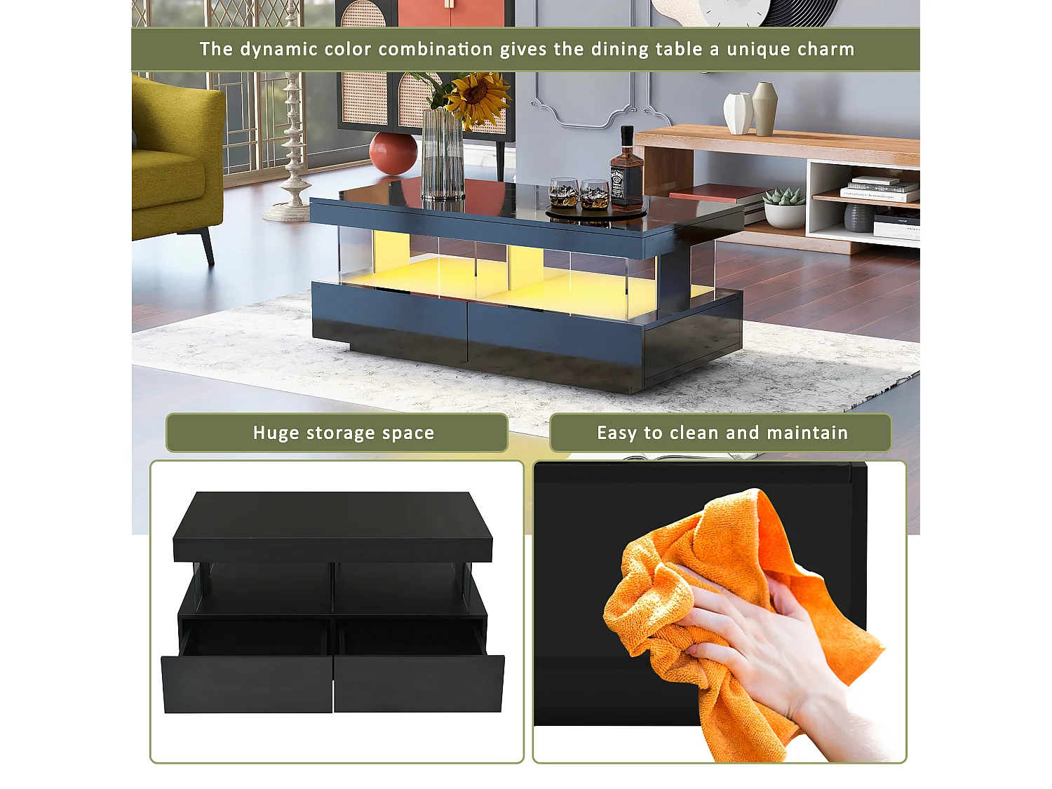 Coffee table with LED lighting - 2 drawers and 2 compartments - modern style - Black