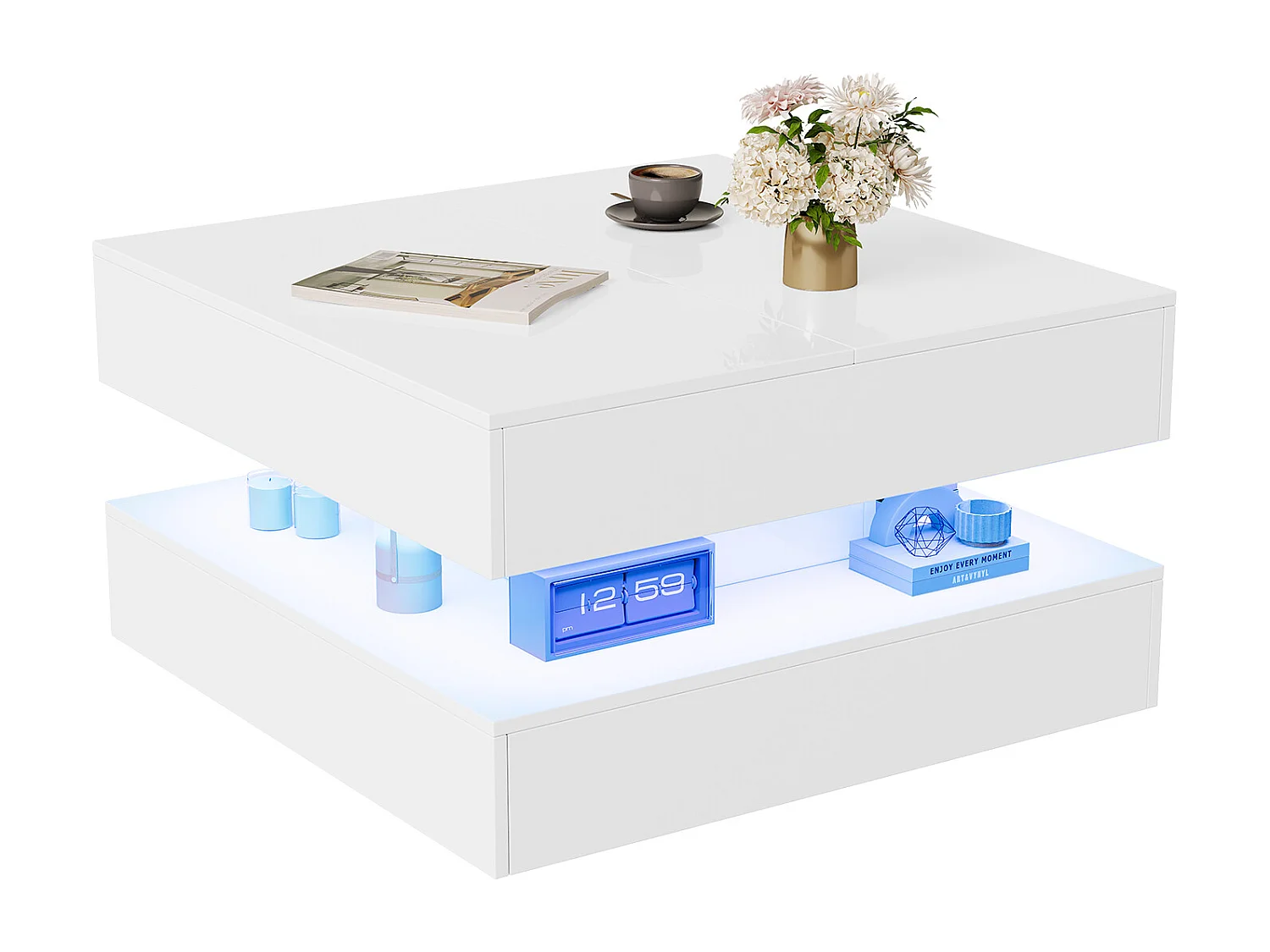 Mesa de centro com iluminação LED, mesa de centro para sala de estar com espaço de armazenamento oculto e gaveta, 78 x 78 x 43 cm, branca