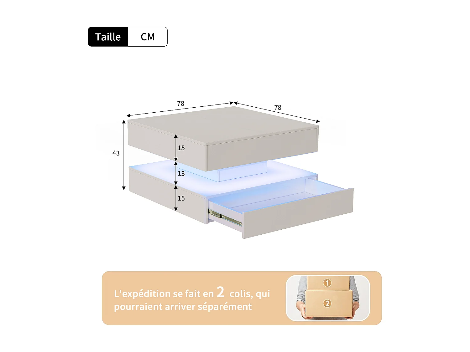 Mesa de centro com iluminação LED, mesa de centro para sala de estar com espaço de armazenamento oculto e gaveta, 78 x 78 x 43 cm, branca