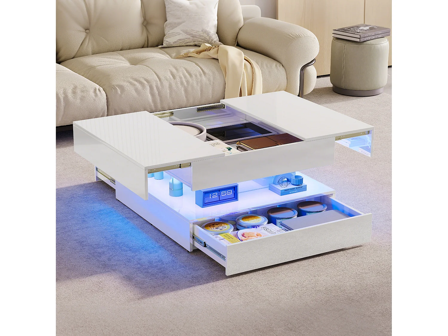 Mesa de centro com iluminação LED, mesa de centro para sala de estar com espaço de armazenamento oculto e gaveta, 78 x 78 x 43 cm, branca