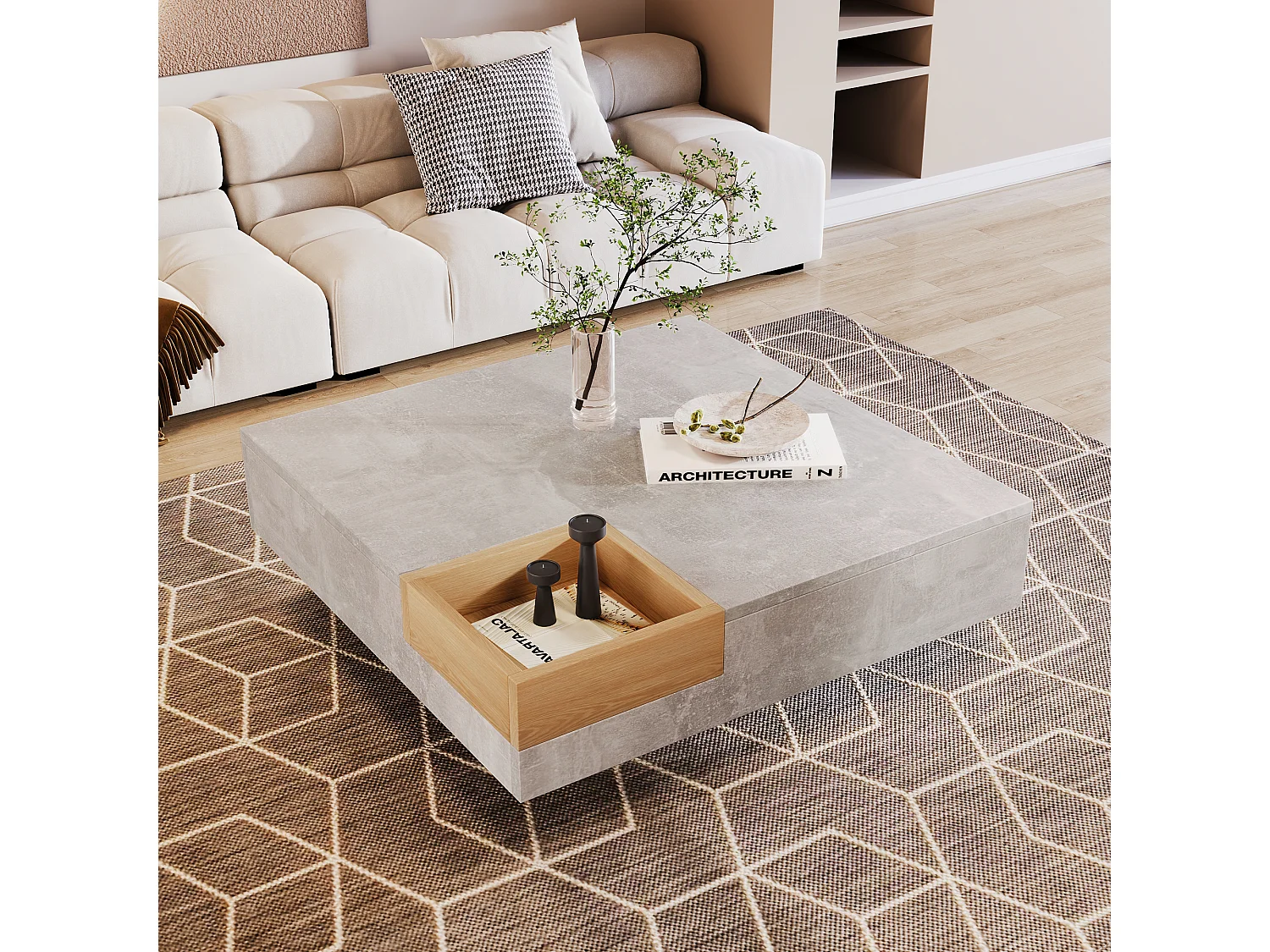 Square coffee table with a removable storage compartment - Light Gray