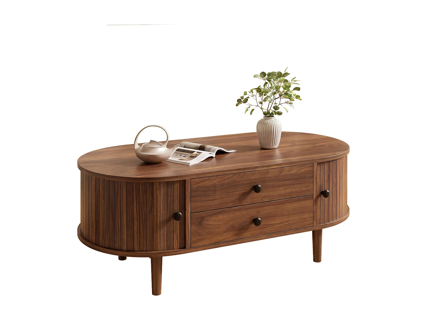 Ovaler Couchtisch fürs Wohnzimmer – 100 x 50 x 40 cm – mit Schiebetüren und 2 Schubladen – MDF – braun