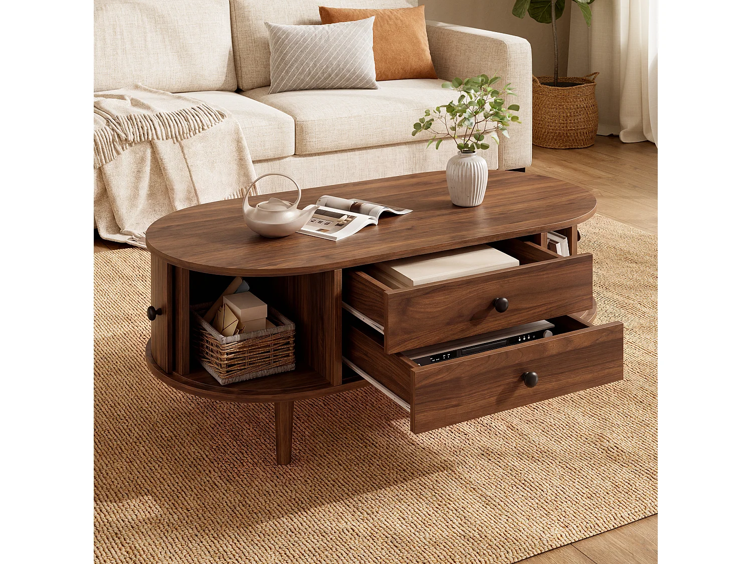 Ovaler Couchtisch fürs Wohnzimmer – 100 x 50 x 40 cm – mit Schiebetüren und 2 Schubladen – MDF – braun