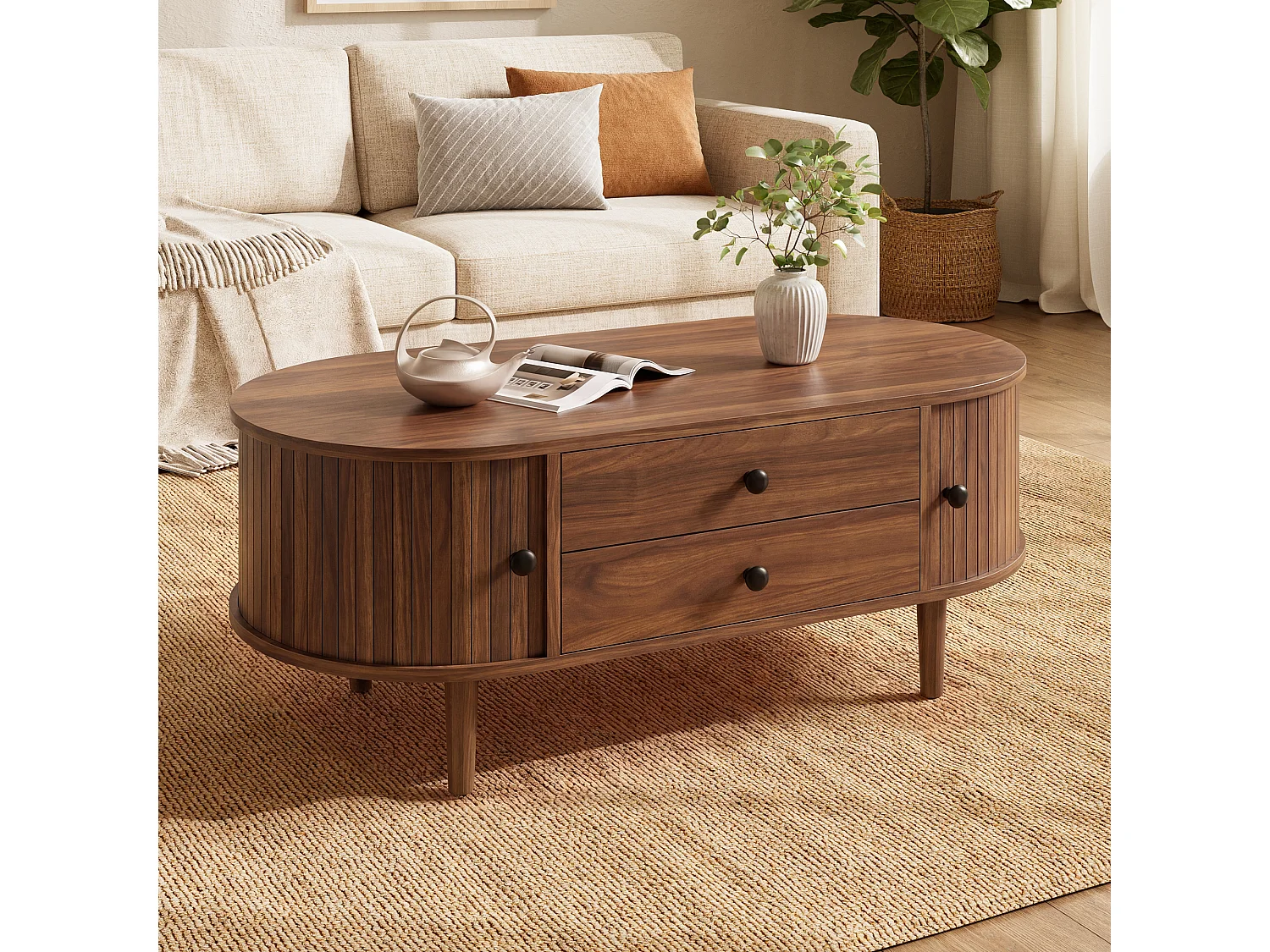 Ovaler Couchtisch fürs Wohnzimmer – 100 x 50 x 40 cm – mit Schiebetüren und 2 Schubladen – MDF – braun