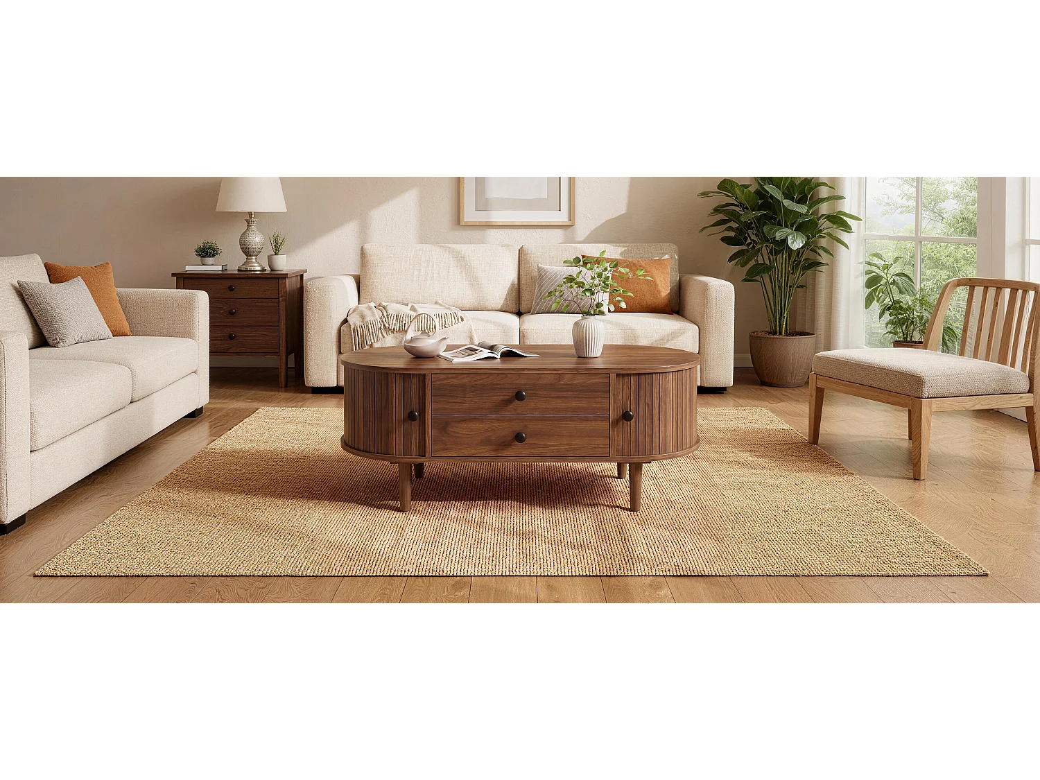 Ovaler Couchtisch fürs Wohnzimmer – 100 x 50 x 40 cm – mit Schiebetüren und 2 Schubladen – MDF – braun