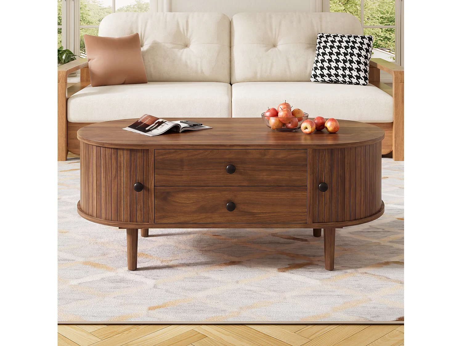 Ovaler Couchtisch fürs Wohnzimmer – 100 x 50 x 40 cm – mit Schiebetüren und 2 Schubladen – MDF – braun
