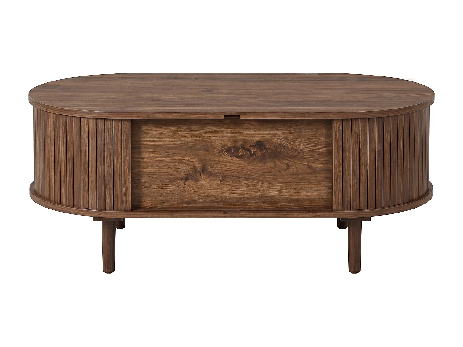 Ovaler Couchtisch fürs Wohnzimmer – 100 x 50 x 40 cm – mit Schiebetüren und 2 Schubladen – MDF – braun