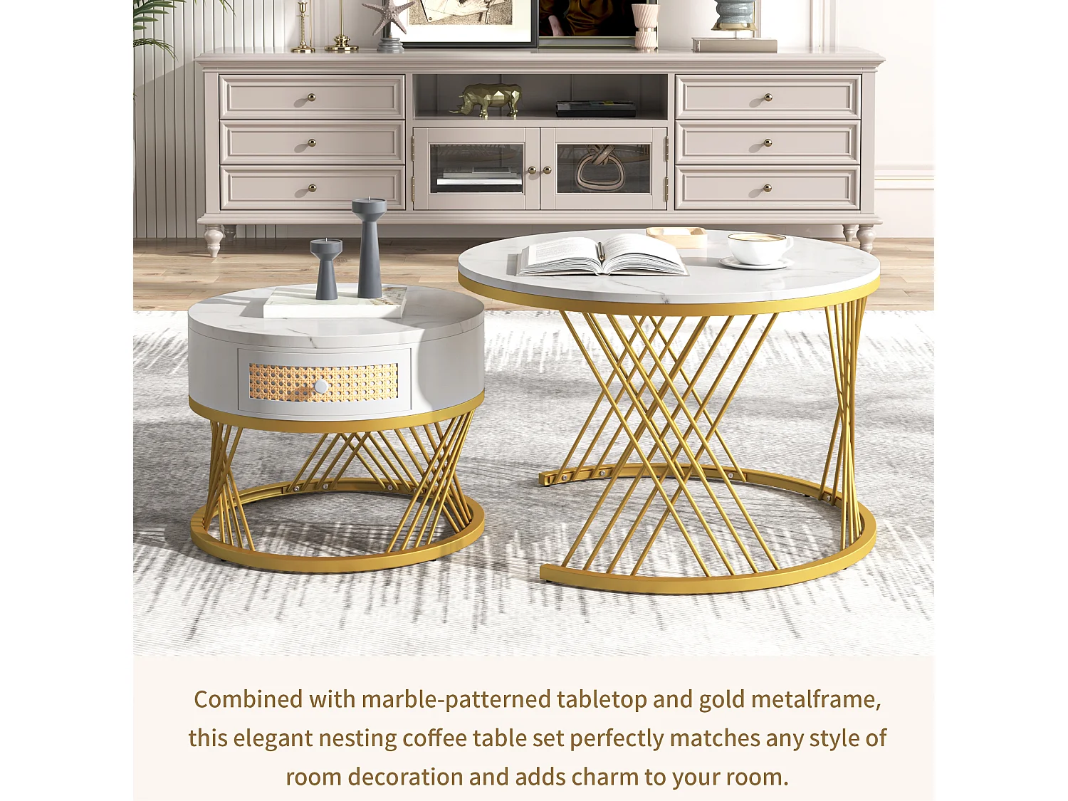 Set of 2 nesting coffee tables - marble effect top - white