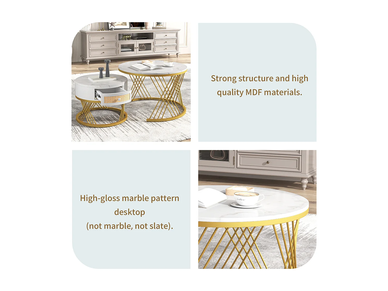 Set of 2 nesting coffee tables - marble effect top - white