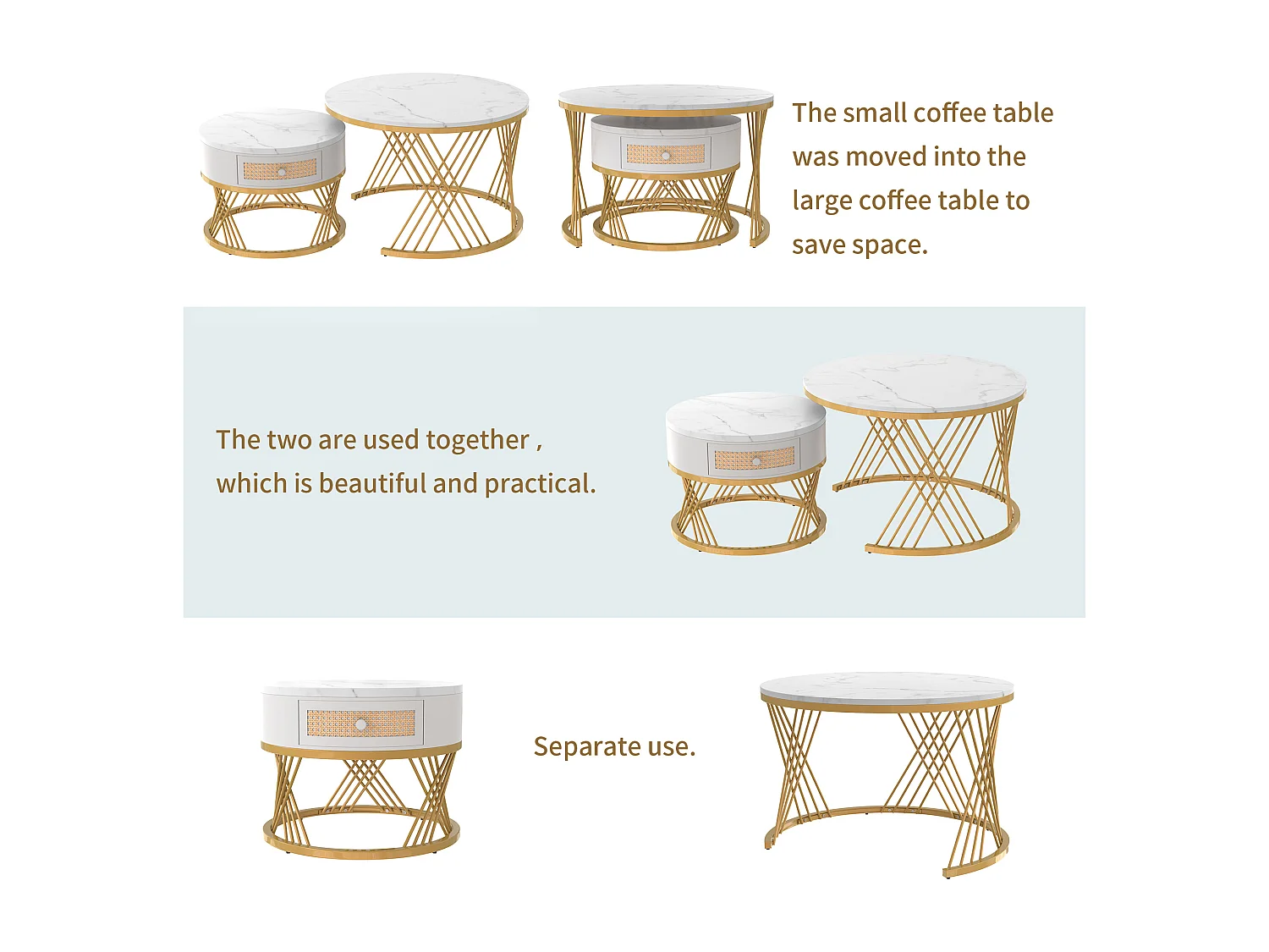 Set of 2 nesting coffee tables - marble effect top - white