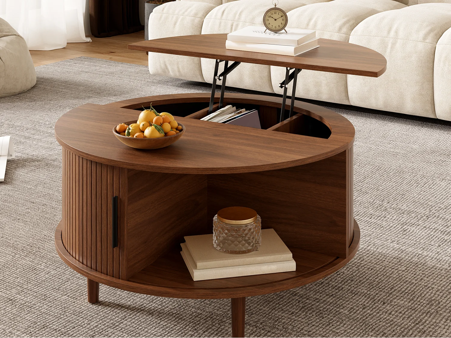 Verstelbare salontafel - met opbergruimte - schuifdeuren - poten van massief hout - MDF - bruin