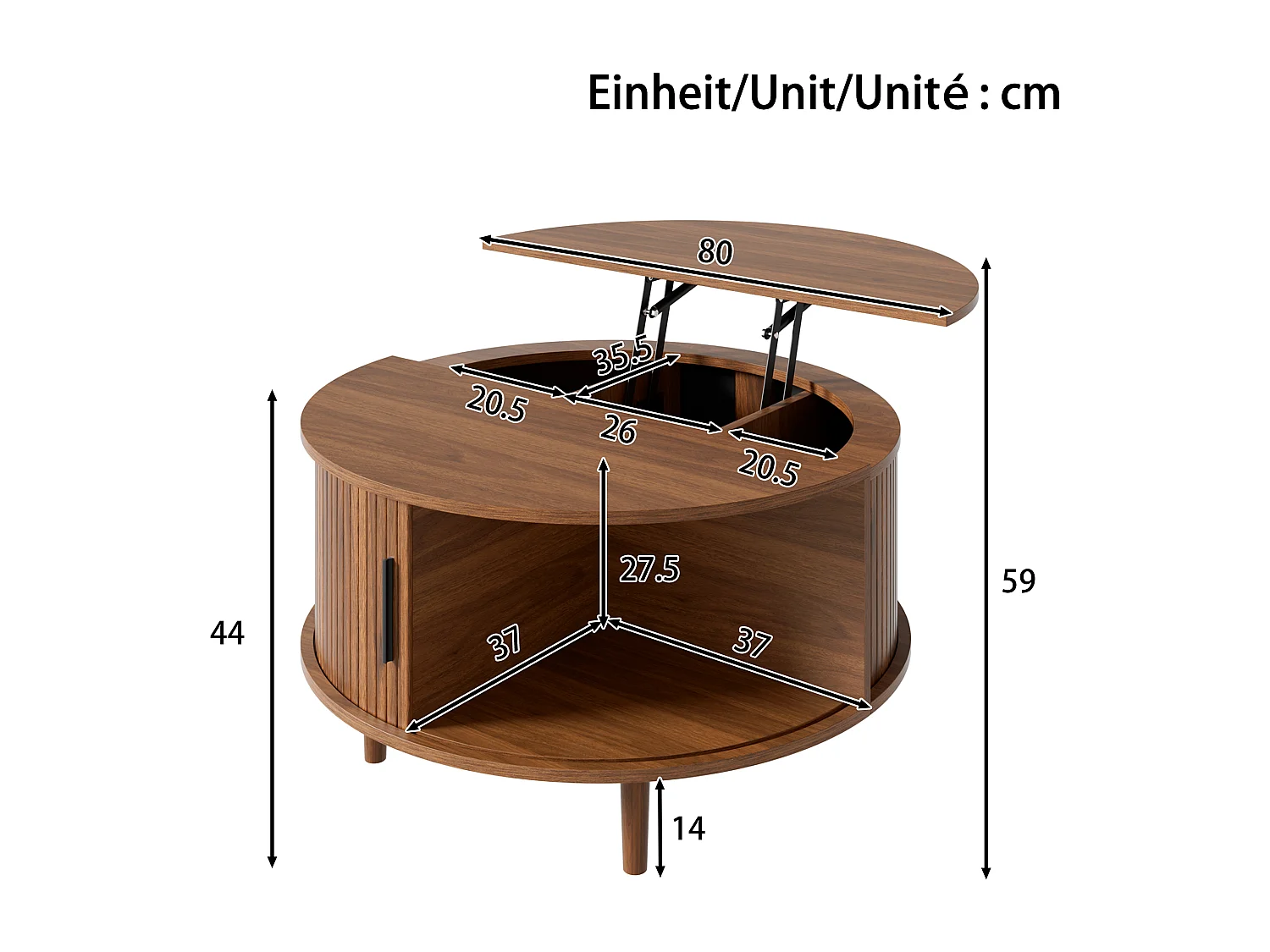 Verstelbare salontafel - met opbergruimte - schuifdeuren - poten van massief hout - MDF - bruin