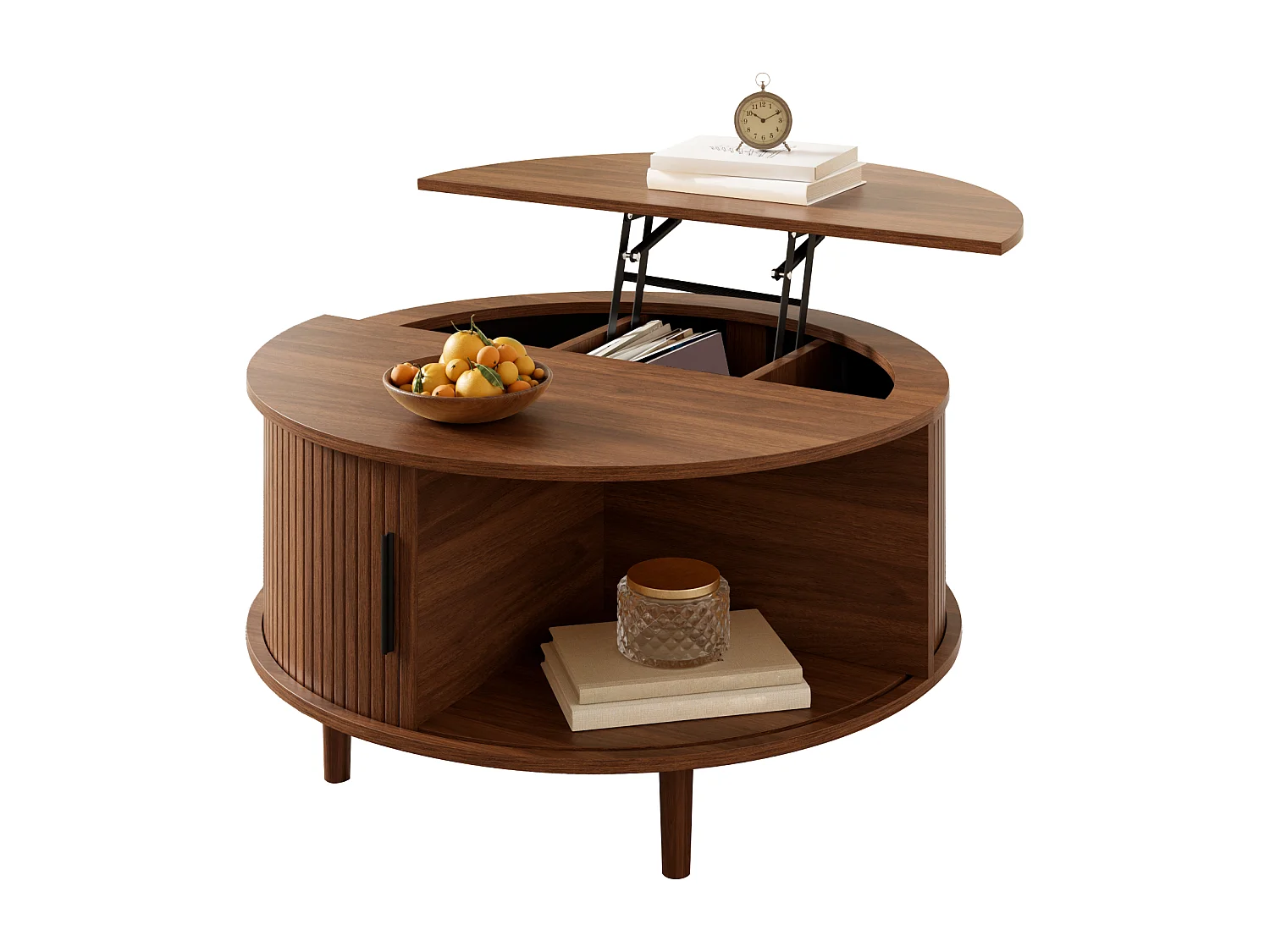 Verstelbare salontafel - met opbergruimte - schuifdeuren - poten van massief hout - MDF - bruin