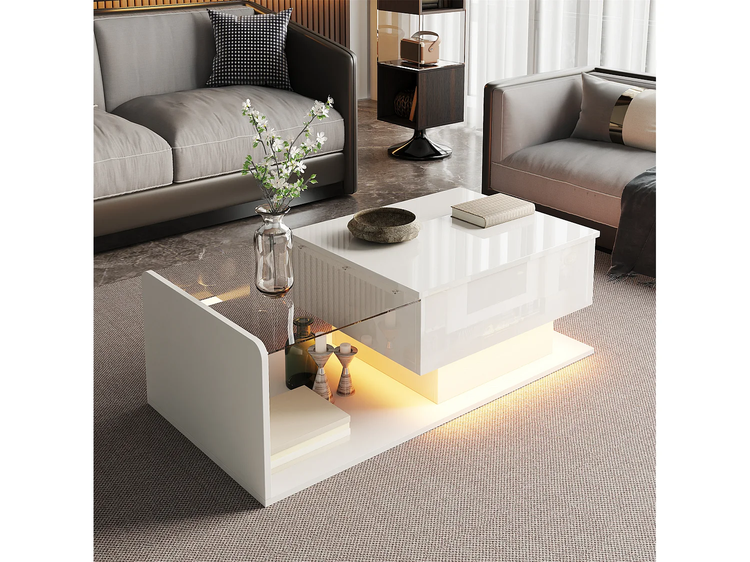 High-Gloss Lift-Top Coffee Table 100x50x47.5 cm - Glass Top - LED Lighting - Particleboard - White