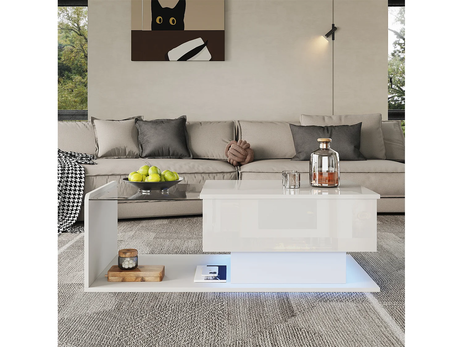 High-Gloss Lift-Top Coffee Table 100x50x47.5 cm - Glass Top - LED Lighting - Particleboard - White