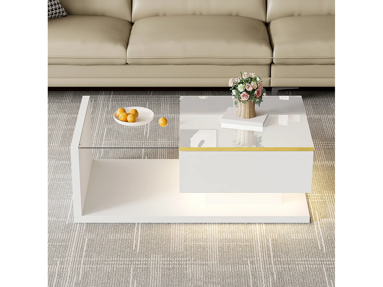 Modern glass coffee table with LED lighting - Particleboard - White