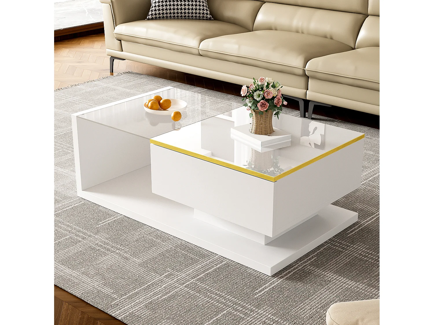 Modern glass coffee table with LED lighting - Particleboard - White