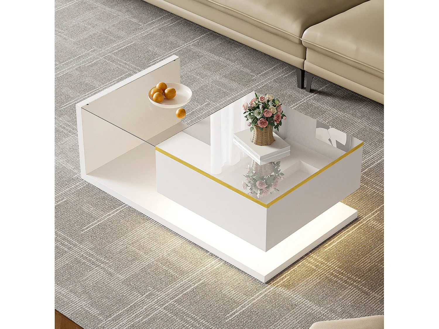 Modern glass coffee table with LED lighting - Particleboard - White