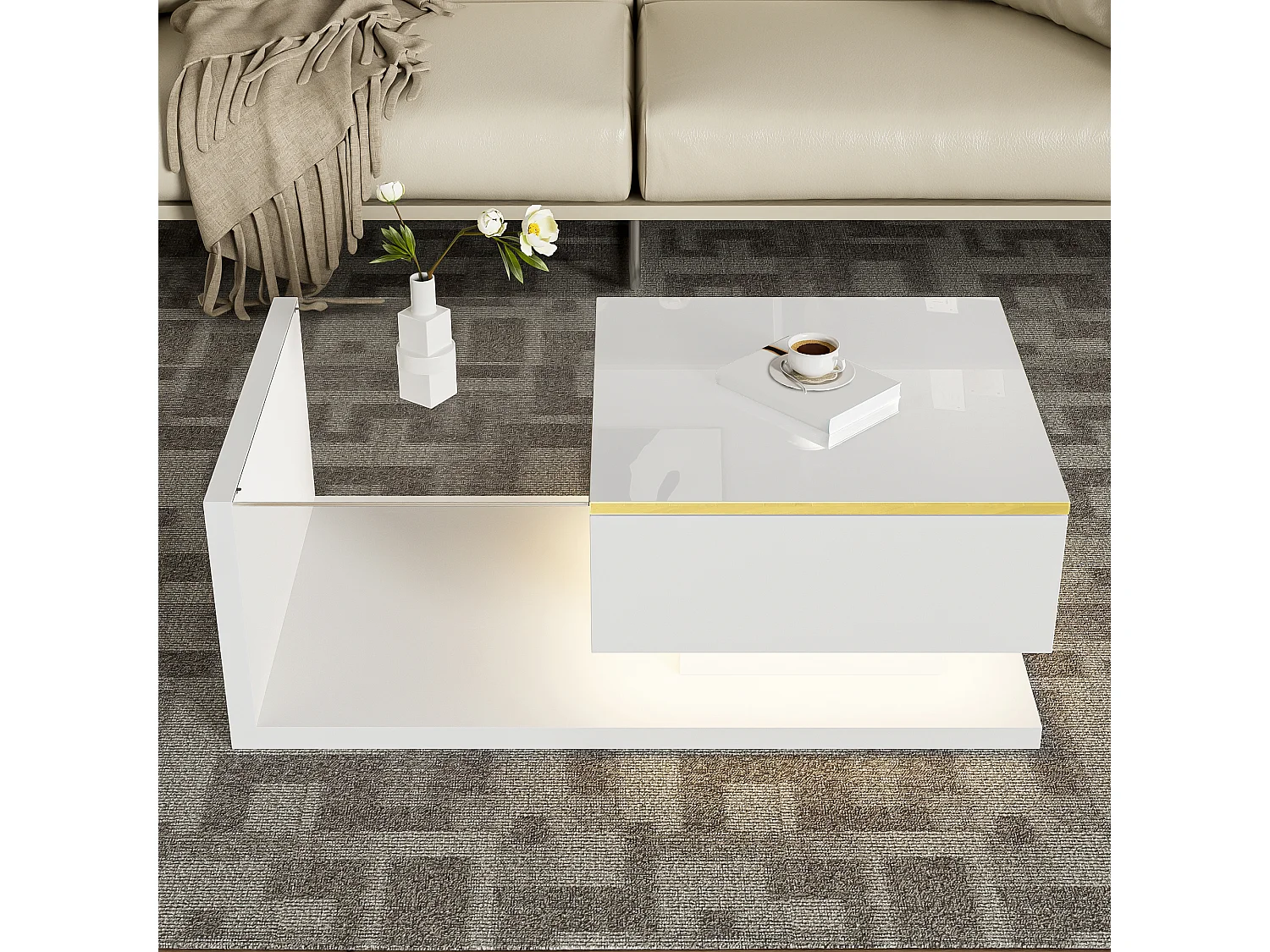 Modern glass coffee table with LED lighting - Particleboard - White