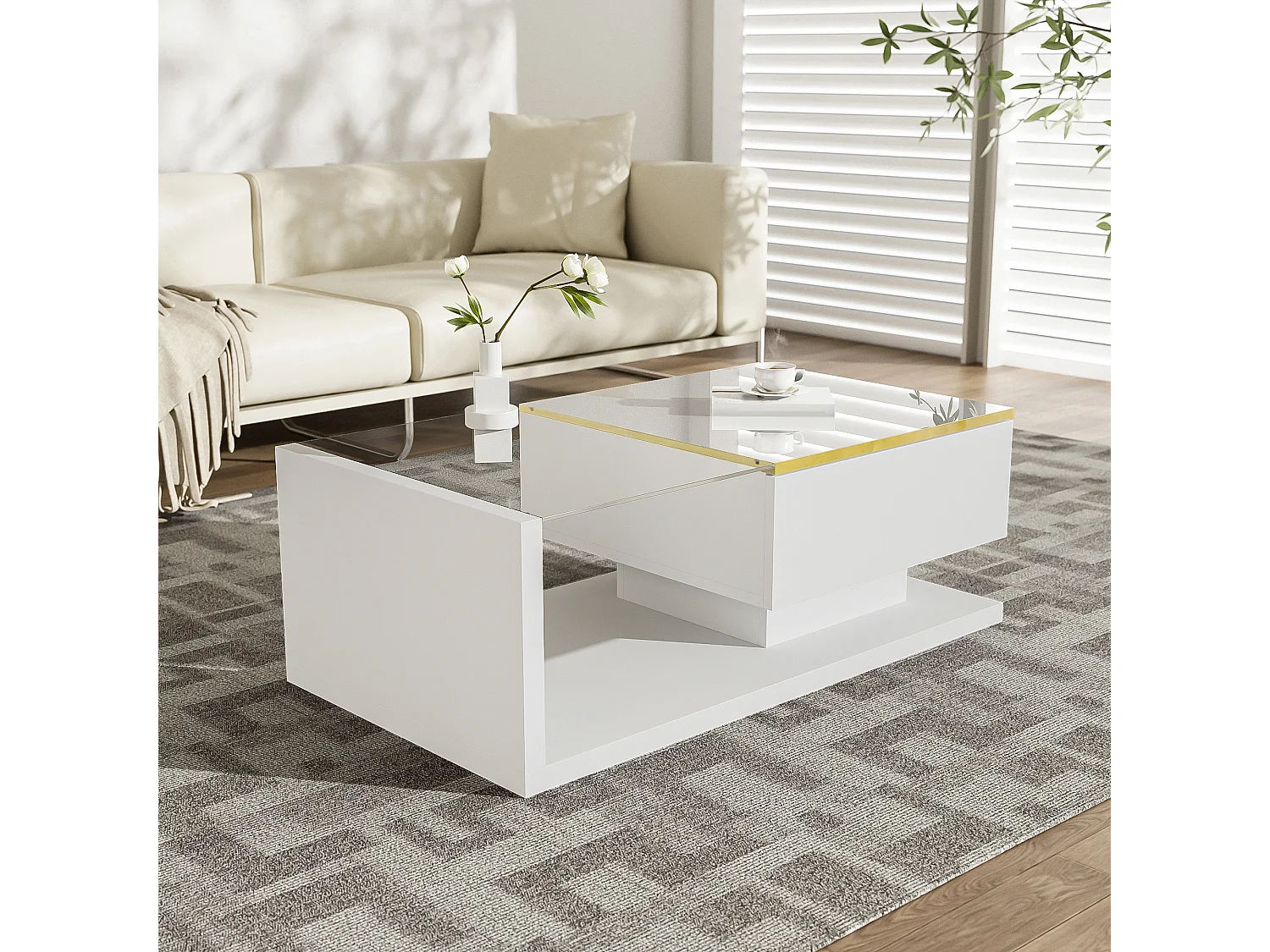 Modern glass coffee table with LED lighting - Particleboard - White