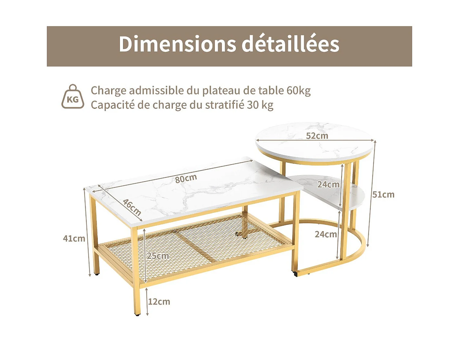 Tables basses gigognes marbre effet blanc, structure métal doré, table salon moderne avec rangement