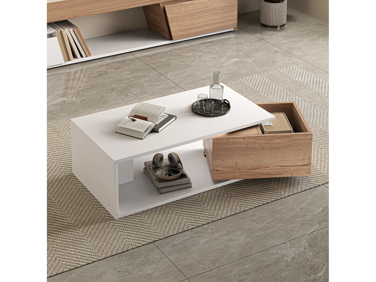 Coffee Table 90x50x30 cm - 1 Drawer - 360° Swivel - Open Storage Space - MDF - White + Natural