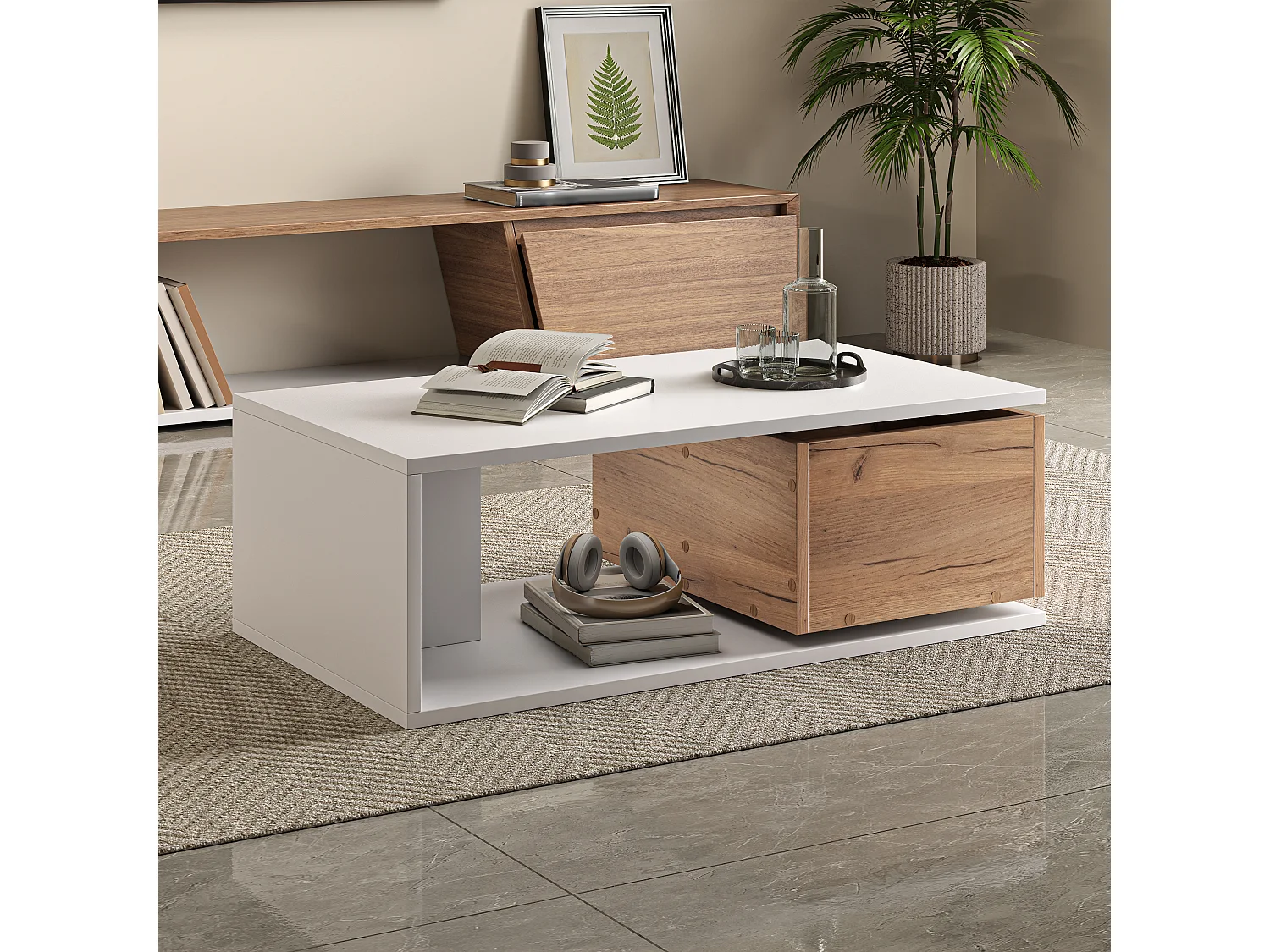 Coffee Table 90x50x30 cm - 1 Drawer - 360° Swivel - Open Storage Space - MDF - White + Natural