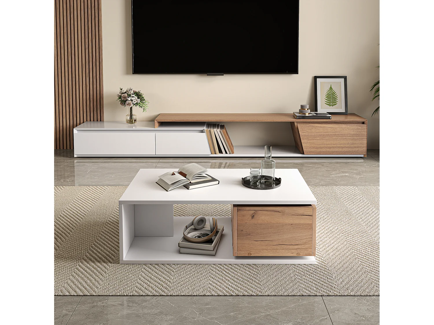 Coffee Table 90x50x30 cm - 1 Drawer - 360° Swivel - Open Storage Space - MDF - White + Natural