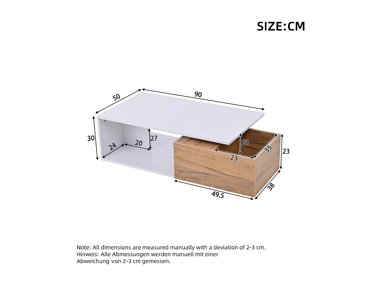 Coffee Table 90x50x30 cm - 1 Drawer - 360° Swivel - Open Storage Space - MDF - White + Natural