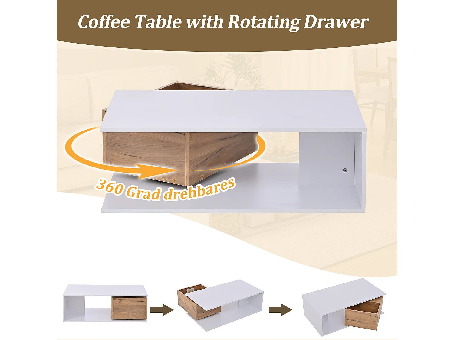 Coffee Table 90x50x30 cm - 1 Drawer - 360° Swivel - Open Storage Space - MDF - White + Natural