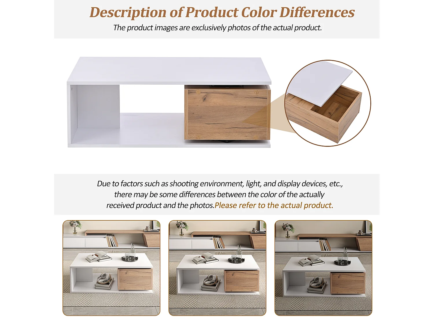 Coffee Table 90x50x30 cm - 1 Drawer - 360° Swivel - Open Storage Space - MDF - White + Natural