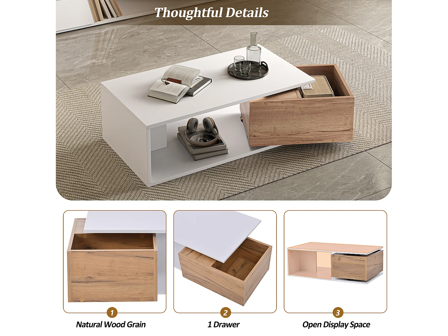 Coffee Table 90x50x30 cm - 1 Drawer - 360° Swivel - Open Storage Space - MDF - White + Natural