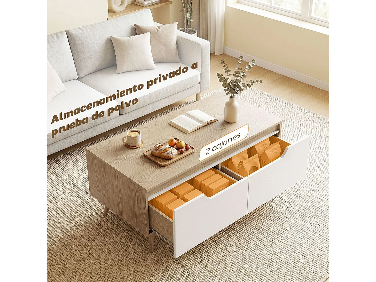 Mesa de centro Mistral Homcom 2 cajones natural/blanco 46x100x50 cm