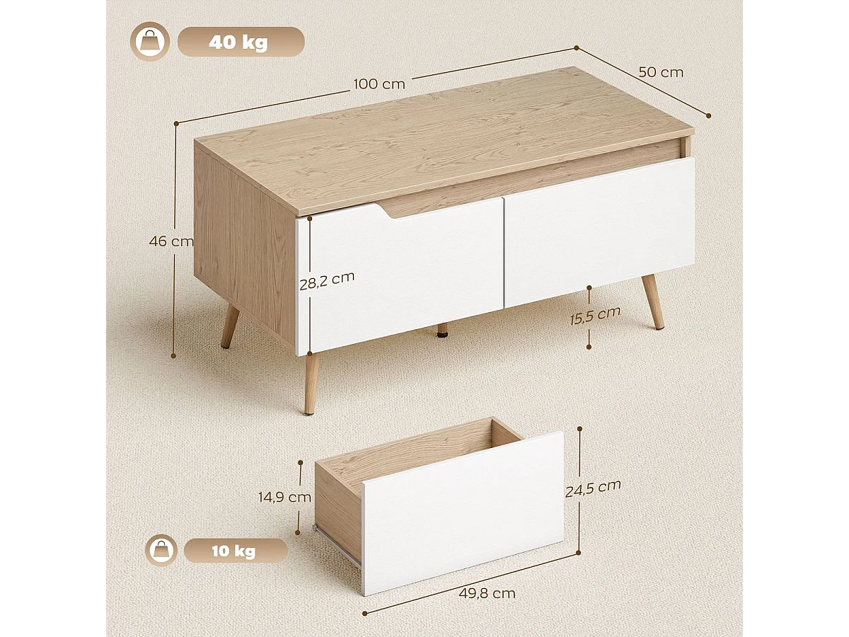 Mesa de centro Mistral Homcom 2 cajones natural/blanco 46x100x50 cm