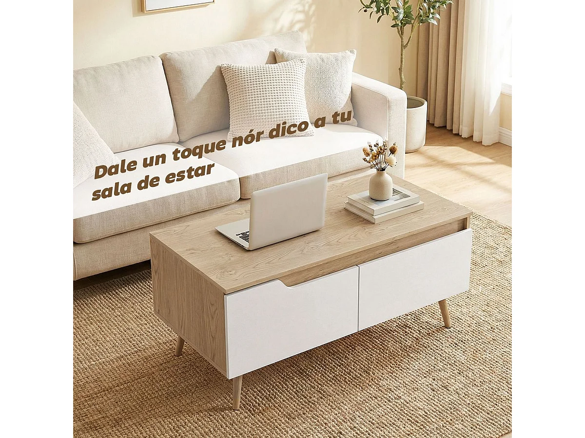 Mesa de centro Mistral Homcom 2 cajones natural/blanco 46x100x50 cm