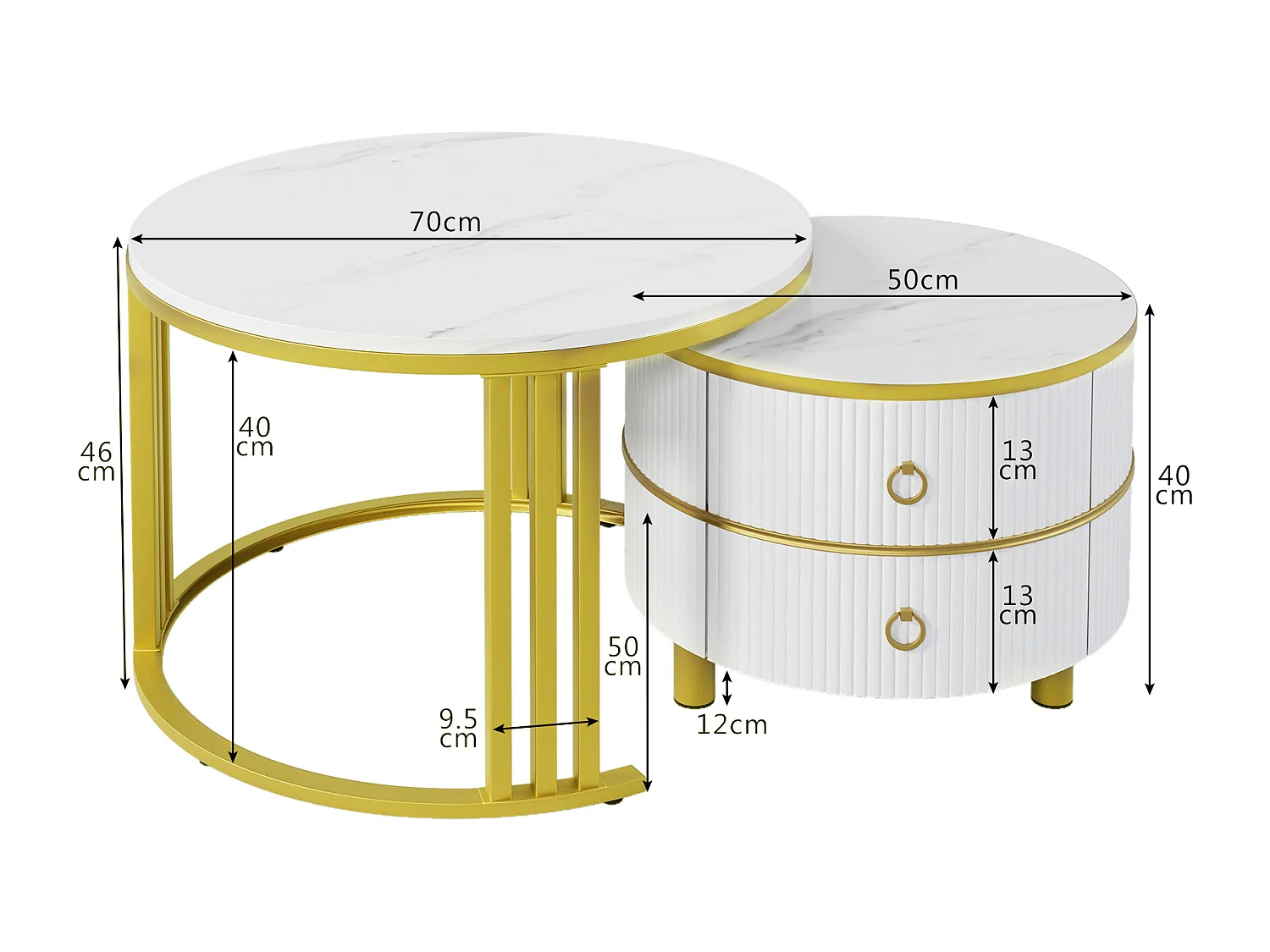 Set of 2 nesting coffee tables with 2 drawers - marble pattern top - Gold & White