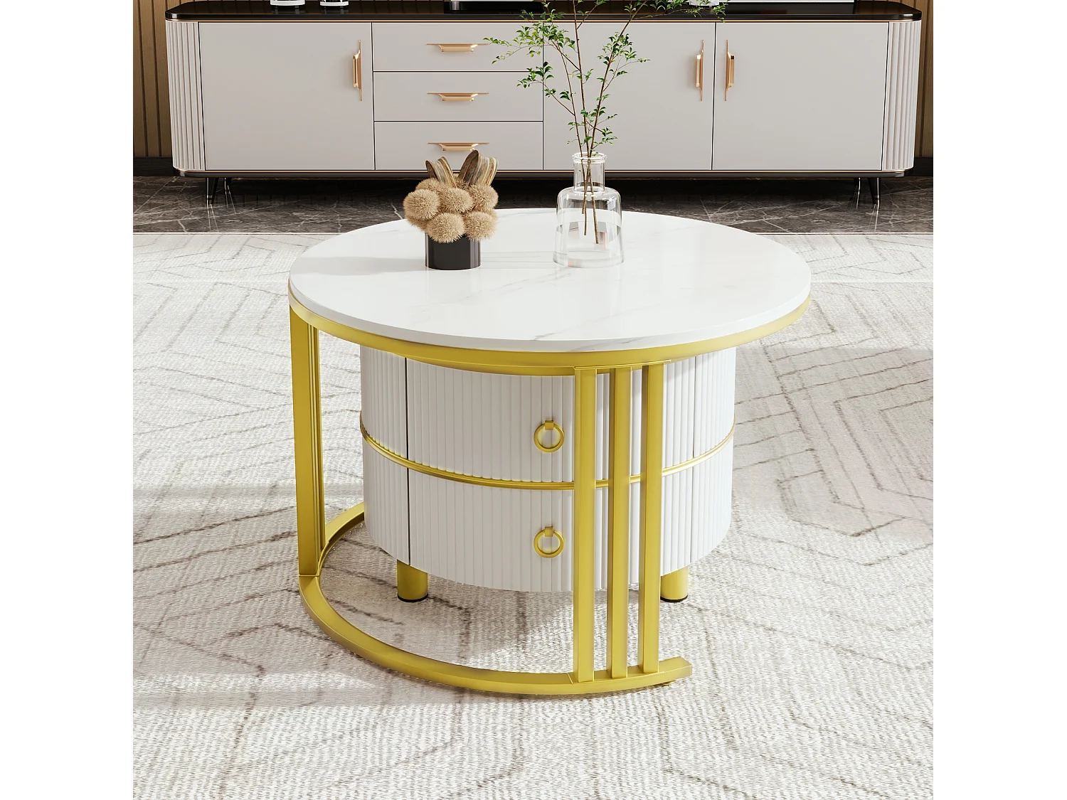 Set of 2 nesting coffee tables with 2 drawers - marble pattern top - Gold & White
