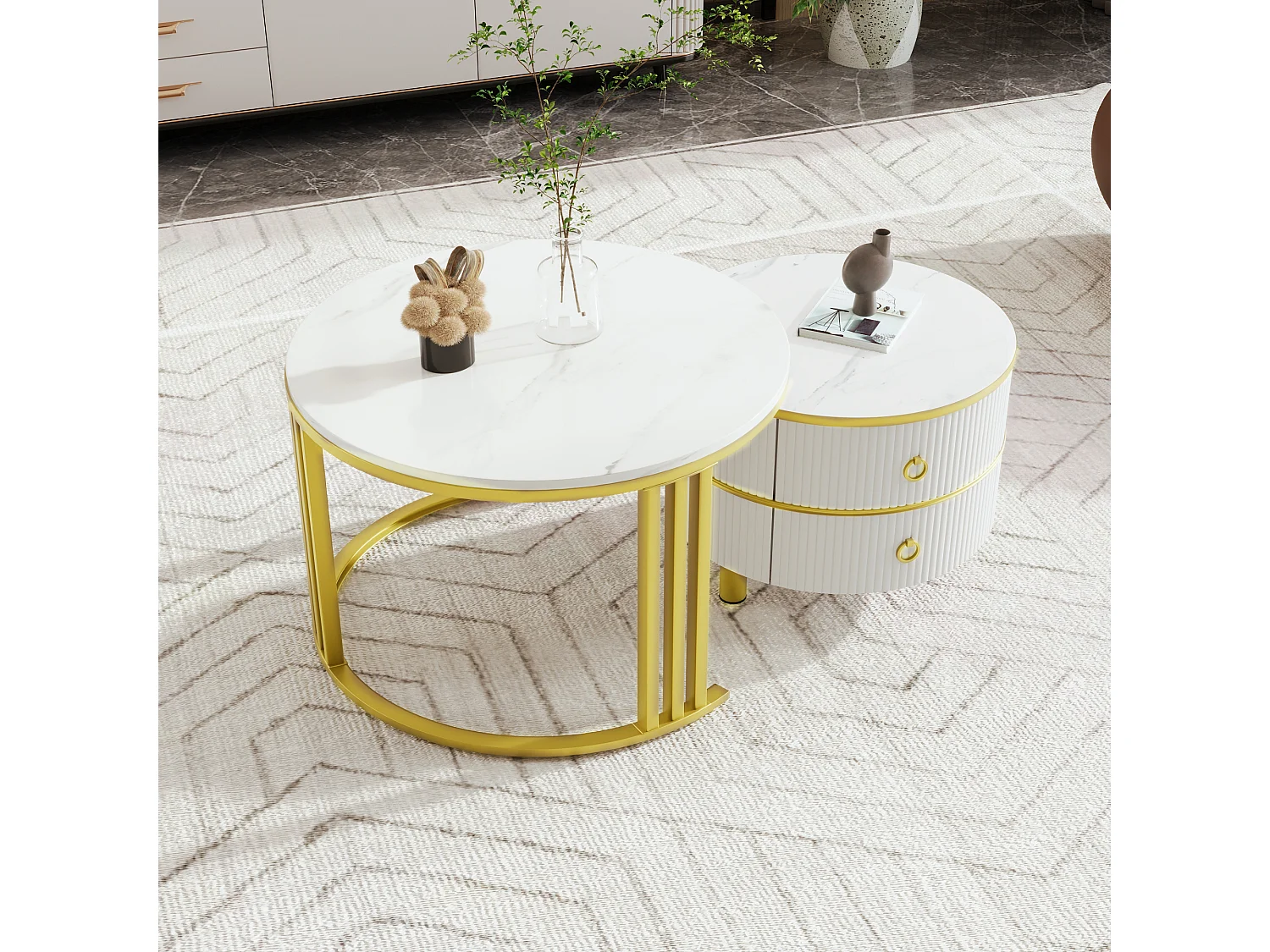Set of 2 nesting coffee tables with 2 drawers - marble pattern top - Gold & White