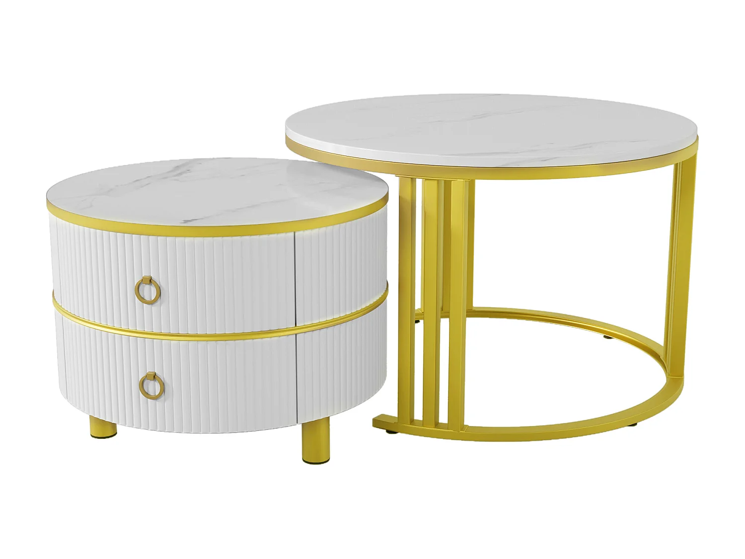Set of 2 nesting coffee tables with 2 drawers - marble pattern top - Gold & White