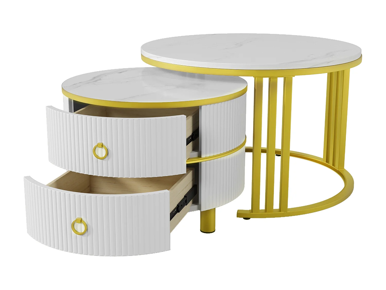 Set of 2 nesting coffee tables with 2 drawers - marble pattern top - Gold & White