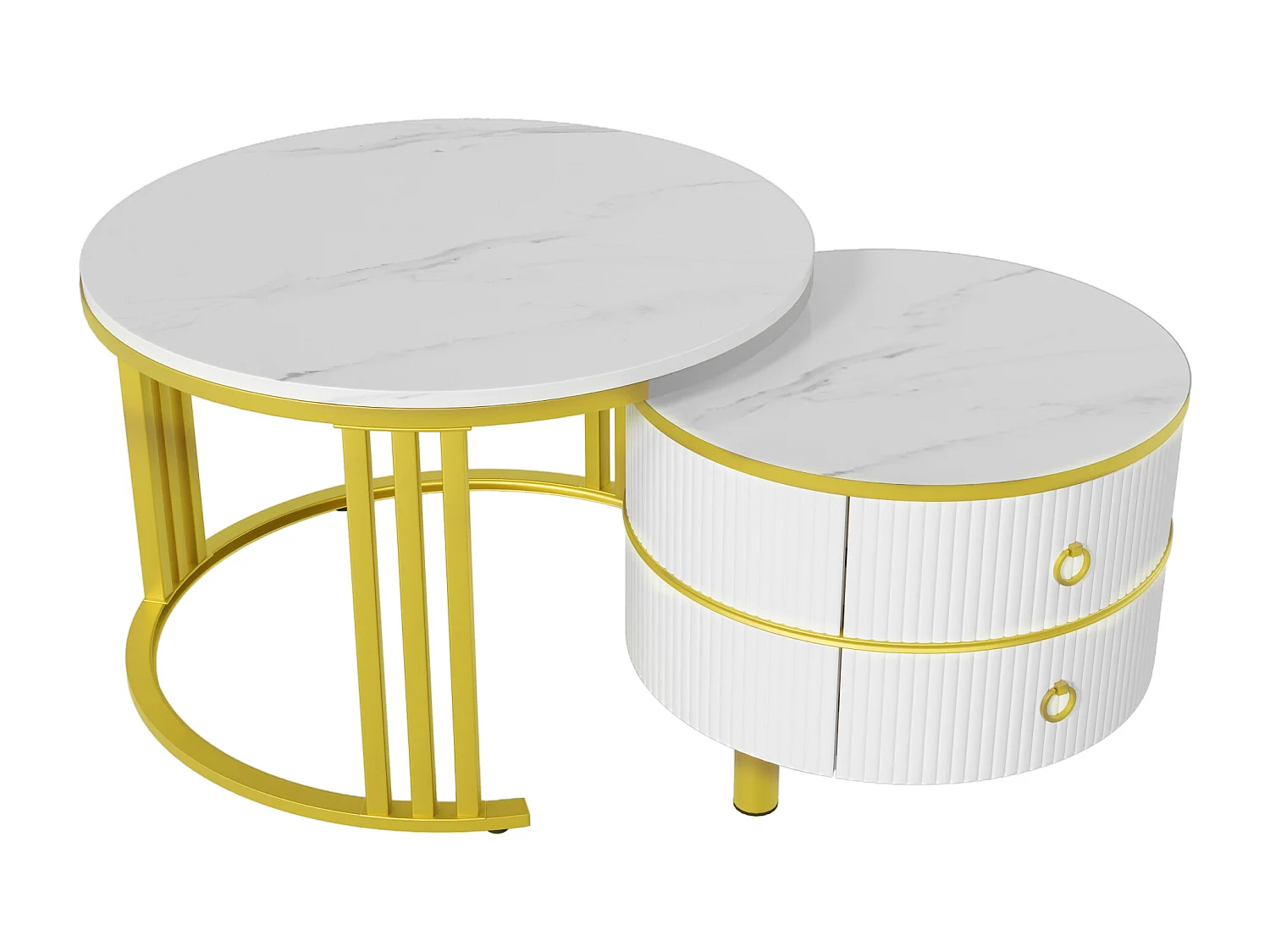 Set of 2 nesting coffee tables with 2 drawers - marble pattern top - Gold & White